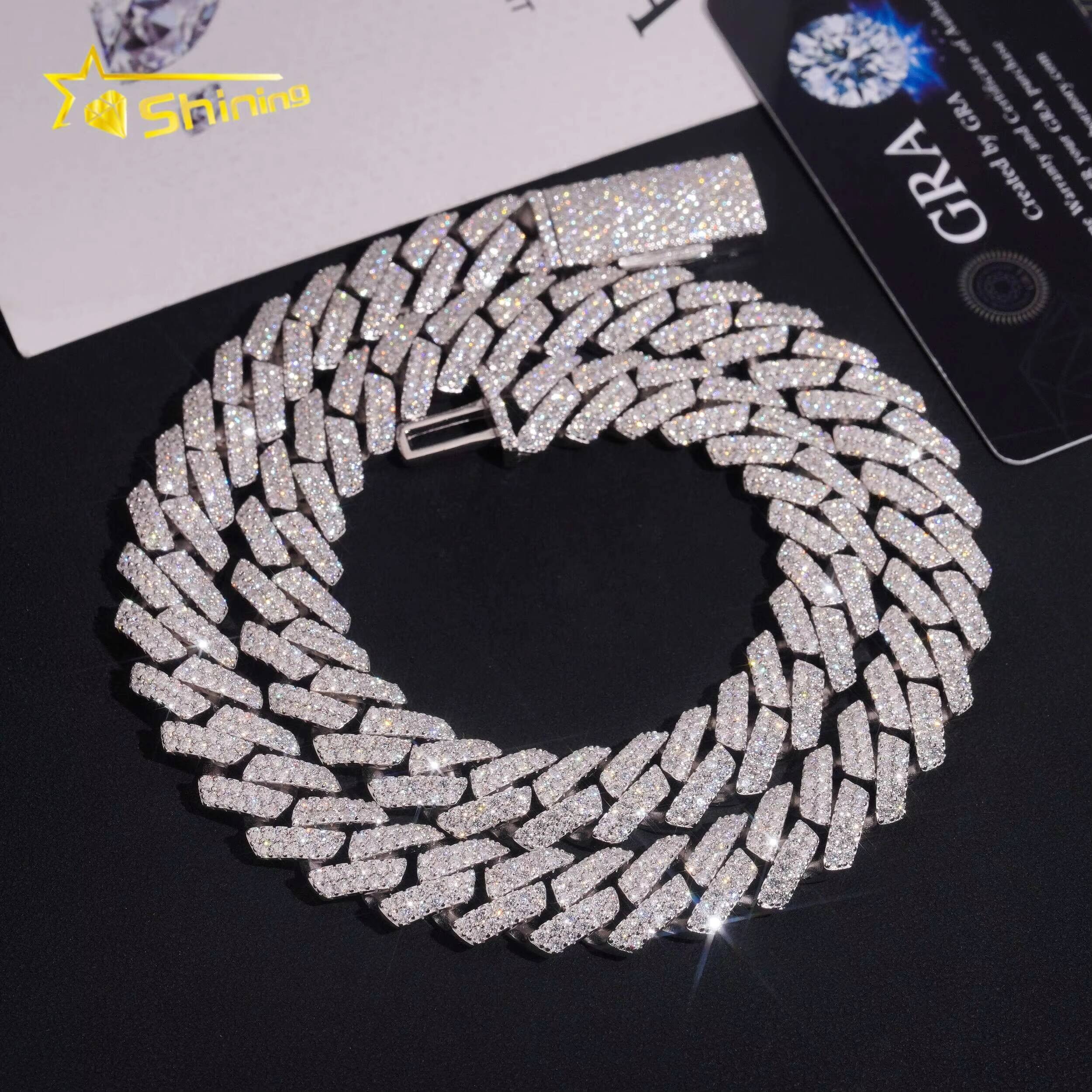 Pass Diamond Tester Two Row 14mm Width Iced Out Hip Hop 925 Sterling Silver Moissanite Cuban Link Chain