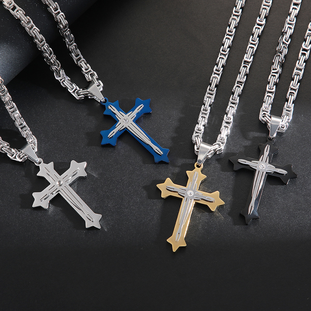 Mens Trendy Titanium Steel Diamond Cross Pendant Necklace Personalized Hiphop Style Stainless Steel Chains Jewelry