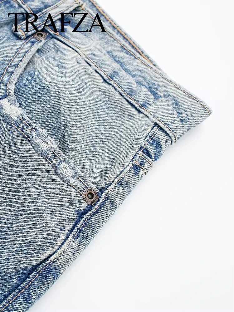 TRAFZA 2024 Vintage Denim Jeans For Women 2 Colors High Waist Zipper Fly Ripped Distressed Patchwork Causal Straight Trousers Z250910