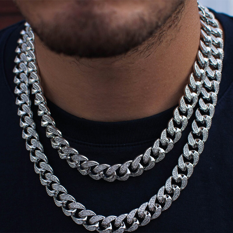 Hip Hop 12mm Miami Cuban Link Chain Bracelet Necklace Iced Out Bling Brass CZ Diamond Cuban Link Chain for Wedding or Gift