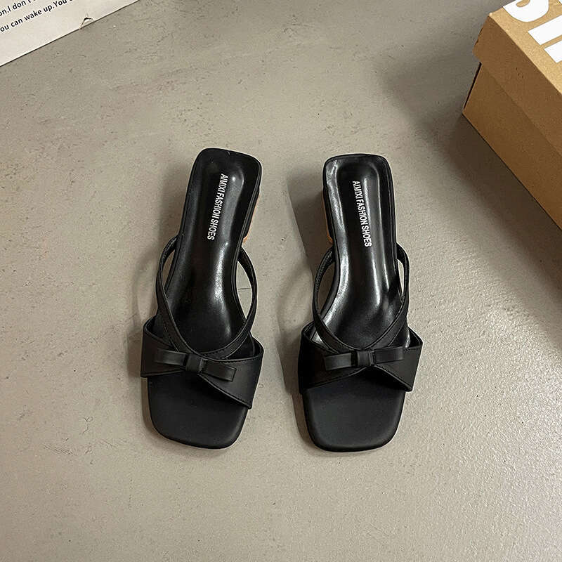 35-42 Evening French Style Squ Toe Bowknot Slip-On for Women Spring Summer New High-End Feel Outdoor Wear with Dress Sandals