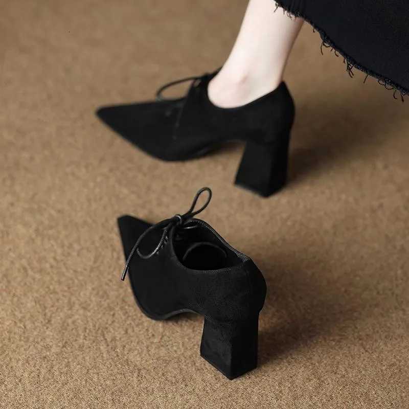 Krazing Pot Sheep Suede Comfort Spring Shoes Chunky Heels Oxford Shoes Pointed Toe Lace Up Women Deep Mouth British School Pumps W250910