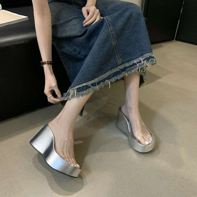 Trendy Designer Shoe Transpnt Wedge Sandals for Women 2025 Summer Small Size Thick Sole Slimming Fairy Style Slip-On Slides