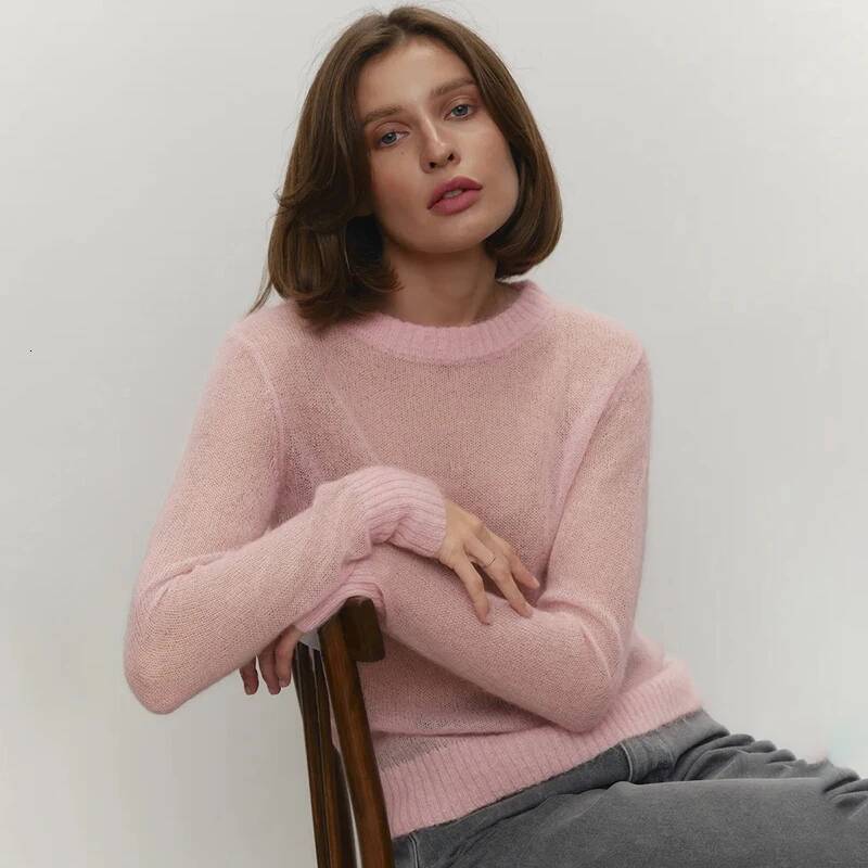 Tornova Mohair Knit Women's Long Sleeves O-Neck Pullover Sweater Lady Loose See Through Top Solid Casual Summer Fashion dongdumaoyi