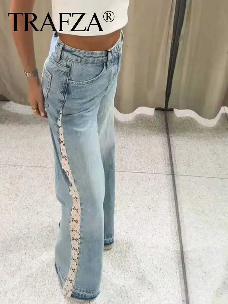 TRAFZA Womens Jean Lace Hollow Out Patchwork High Waist Denim Trouser Ladies Office Commute Streetwear Woman Wide Leg Long Pant Z250910