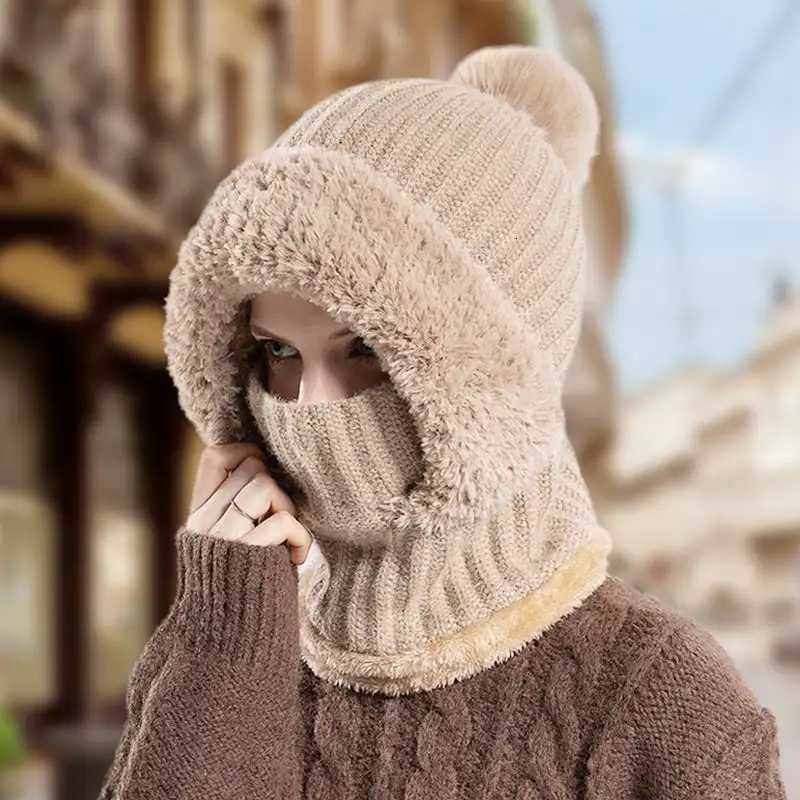 Winter Fleece Lined Knitted Hat with Ear Fls Windproof and Warm Hooded Neck Gaiter for Outdoor SportXJ250910
