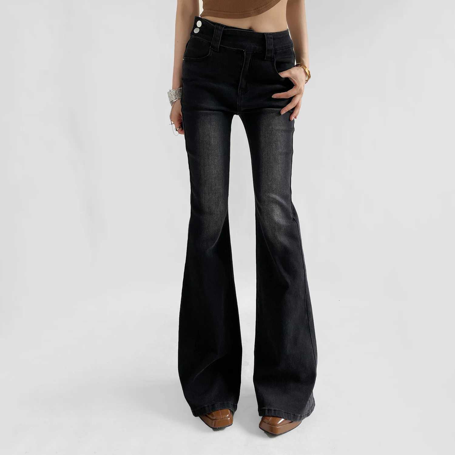 HighWaist Flared BellBottom Jeans for Women Retro Slim Fit Stretch Denim with Side Button Accent Z250910