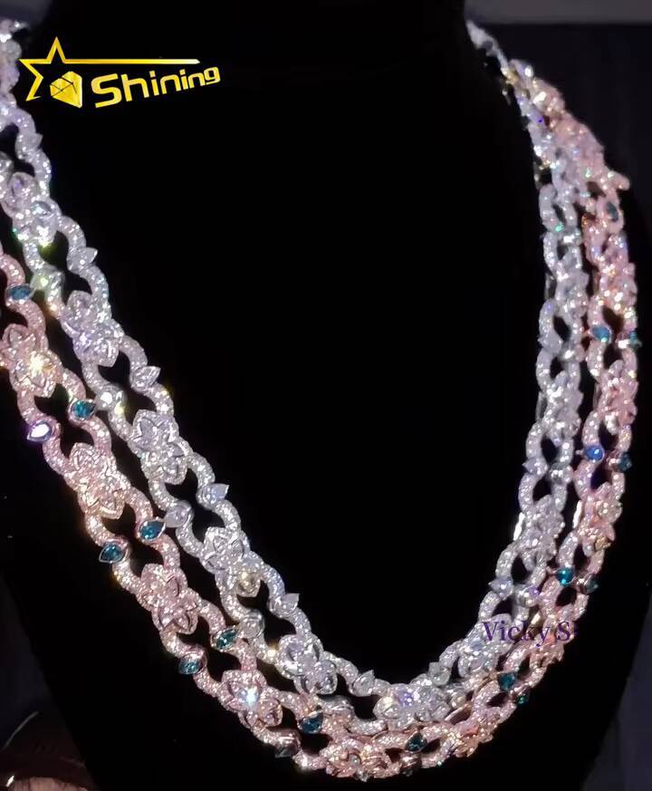Custom Luxury Fine Jewelry Hip Hop Cuban Necklace 925 Sterling Silver Iced Out VVS Moissanite Cuban Link Chain Necklace