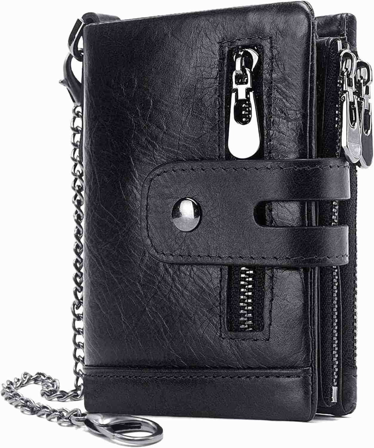 Mens Wallet with Chain RFID Blocking Genuine Leather Bifold Purse for Men with ID Window and Zip Coin PocketZ250910