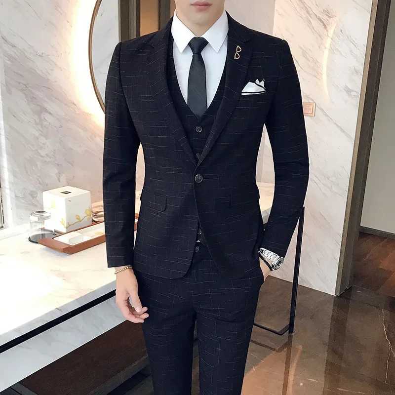 Blue Men Classic StripedChecked Suits Business Office 3 Piece Sets Asian Size Mens Dress Suits BlackGray Available M4XL W250910