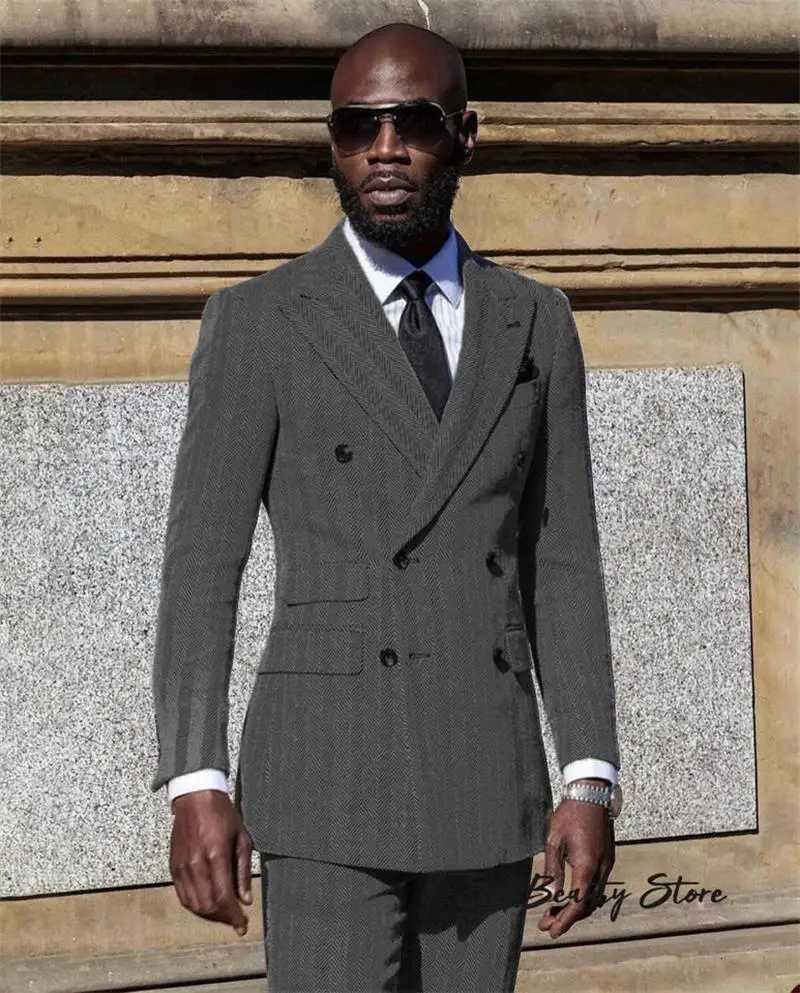 Herringbone Suits for Men Wide Lapel Suit 2 pcs Suit Jacket Pants Groom Business Wedding Wear Pink fashionable men suit outfit W250910