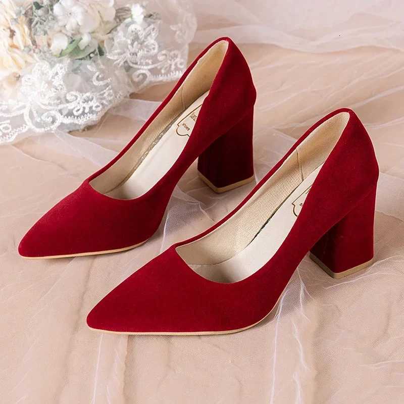 French Red Wedding Shoes for Women 2024 SpringSummerAutumn New Pointed Thick Heels Not Tiring Feet Bride Shoes W250910