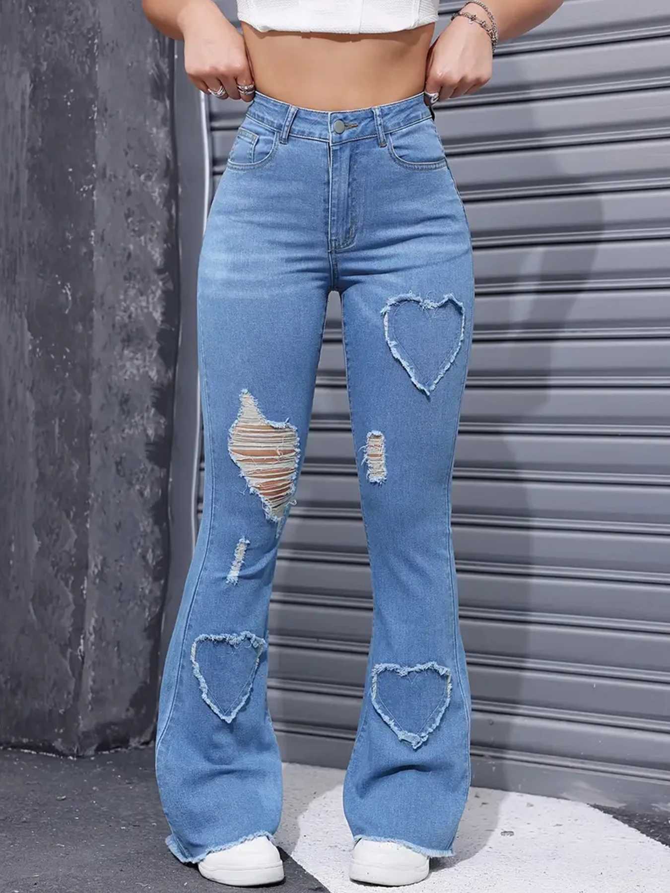 2025 Womens New Distressed Jeans Embroidered Patch Fabric High Elasticity Fashionable and Versatile Comfortable Denim Women Z250910