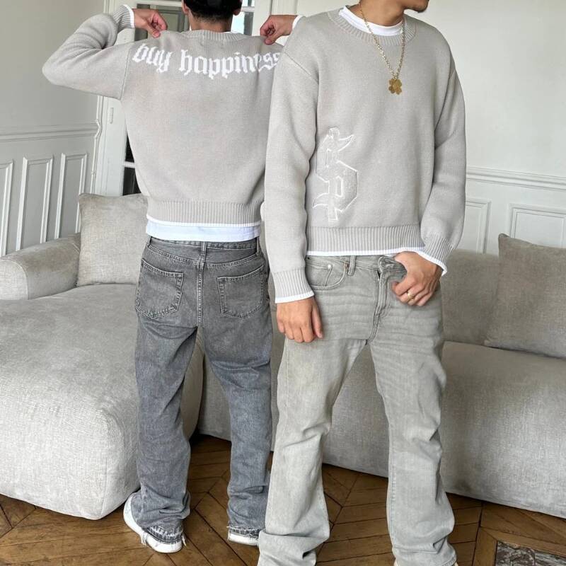 Y2K Grey Long Sleeve Sweater Dollar Gothic Embroidery Pullover Goth Retro Casual Streetwear Old Money Men Boxy Knitted Clothing dongdumaoyi