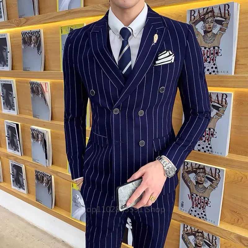 Vertical Stripe Mens Suit Homme Slim Fit Business Korean Edition Double Breasted Suit Wedding Banquet Set of 2 Pieces W250910