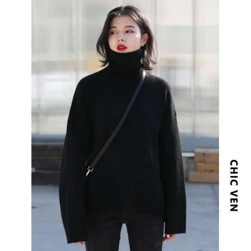 CHIC VEN Korean Women's Sweater Loose Turtleneck Sweaters Warm Solid Pullover Knitwear Basic Female Tops Autumn Winter 2022 dongdumaoyi