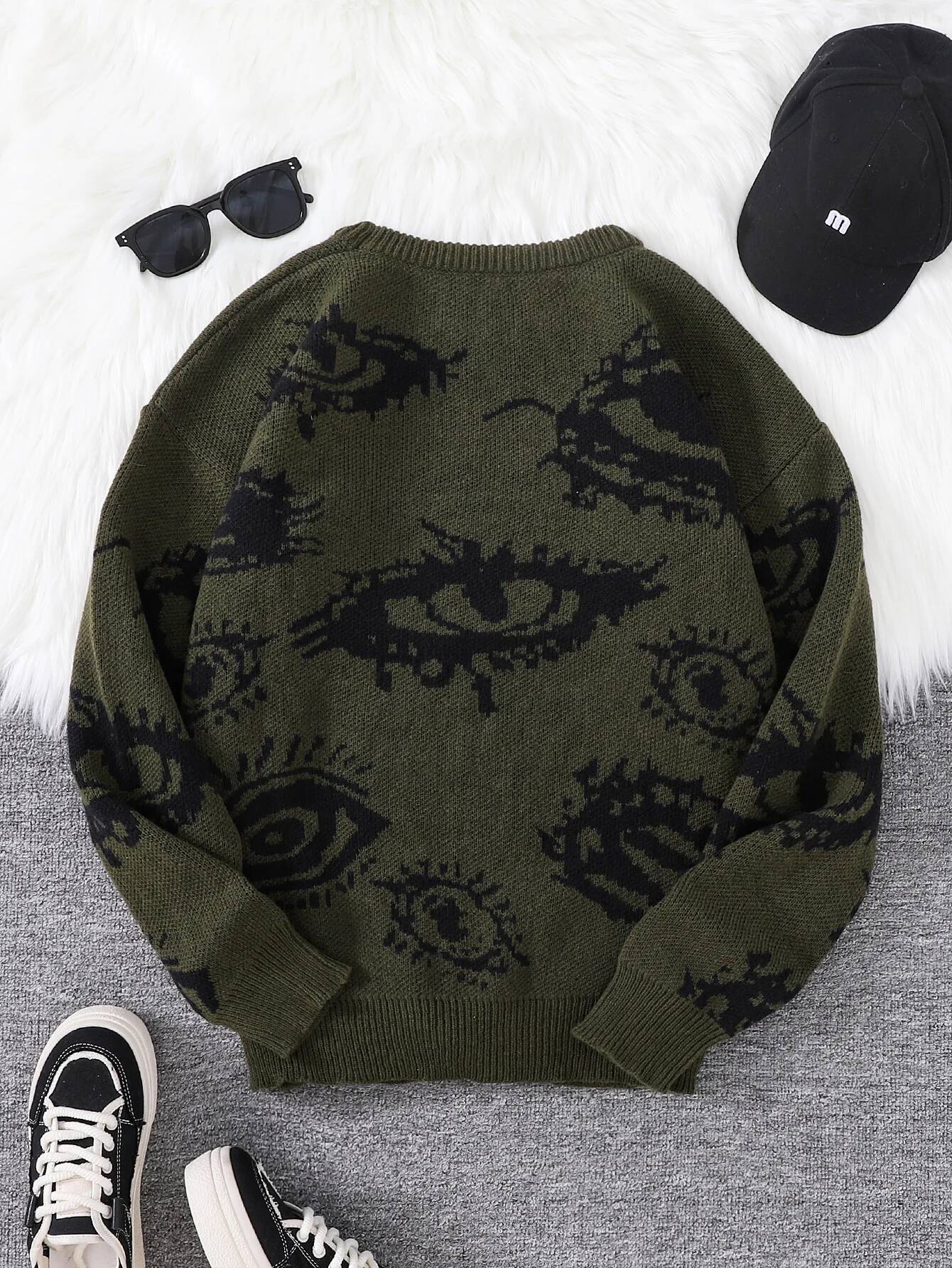 New Popular Autumn and Winter Abstract Eye Jacquard Pattern Sweater Casual Round Neck Knitted Men's Pullover dongdumaoyi