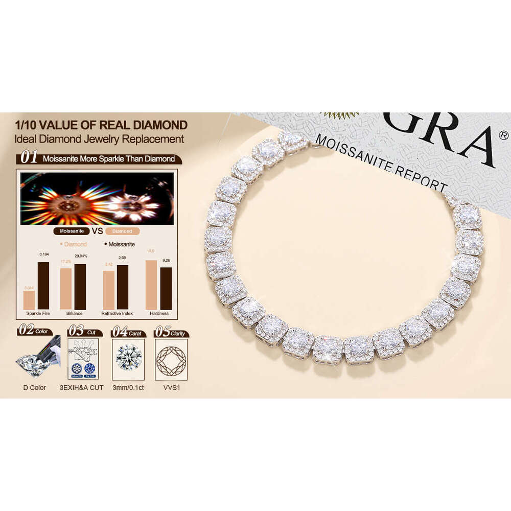 Exquisite VVS Moissanite High Quality White Gold Color Waterproof Sterling Sier Tennis Bracelet for Men
