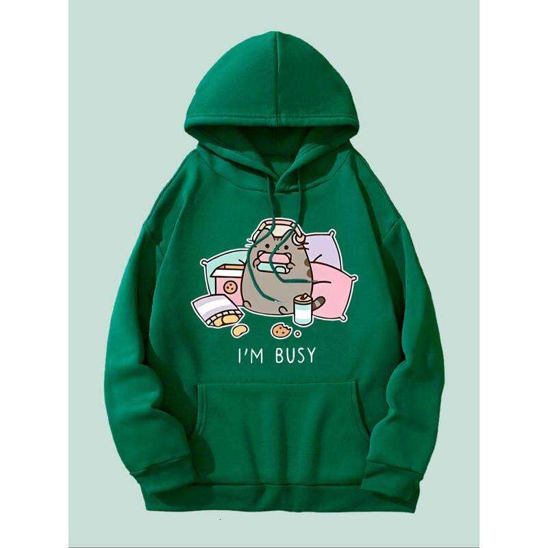 Women's Cartoon Cat Letter Print Drop Shoulder Hoodie, Fashion Casual Drawstring Pocket Hooded Sweatshirt Daily Holiday Outdoor Wear, Ladies Clot