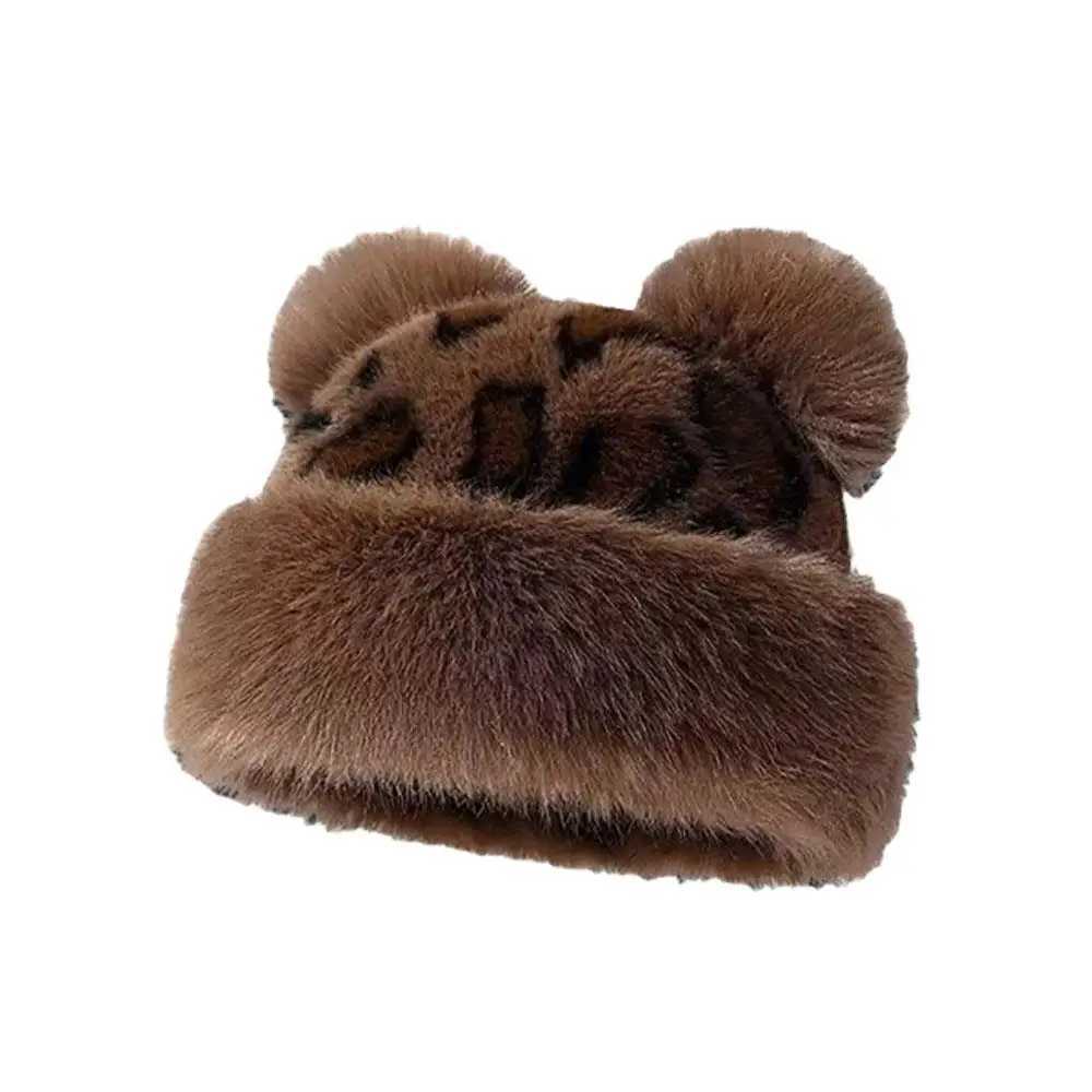 Ear Protection Russian Hat Leopard Print Fluffy Fur Winter Hat Outdoor Snow Ski C Bear Ears Plush Thick Warm Bucket HatXJ250910