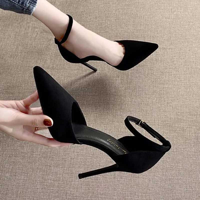 Spring and Autumn High Heel Women 2024 New Versatile Thin Heel Professional L Pointed Black Buckle Strap Single Shoe Women W250910