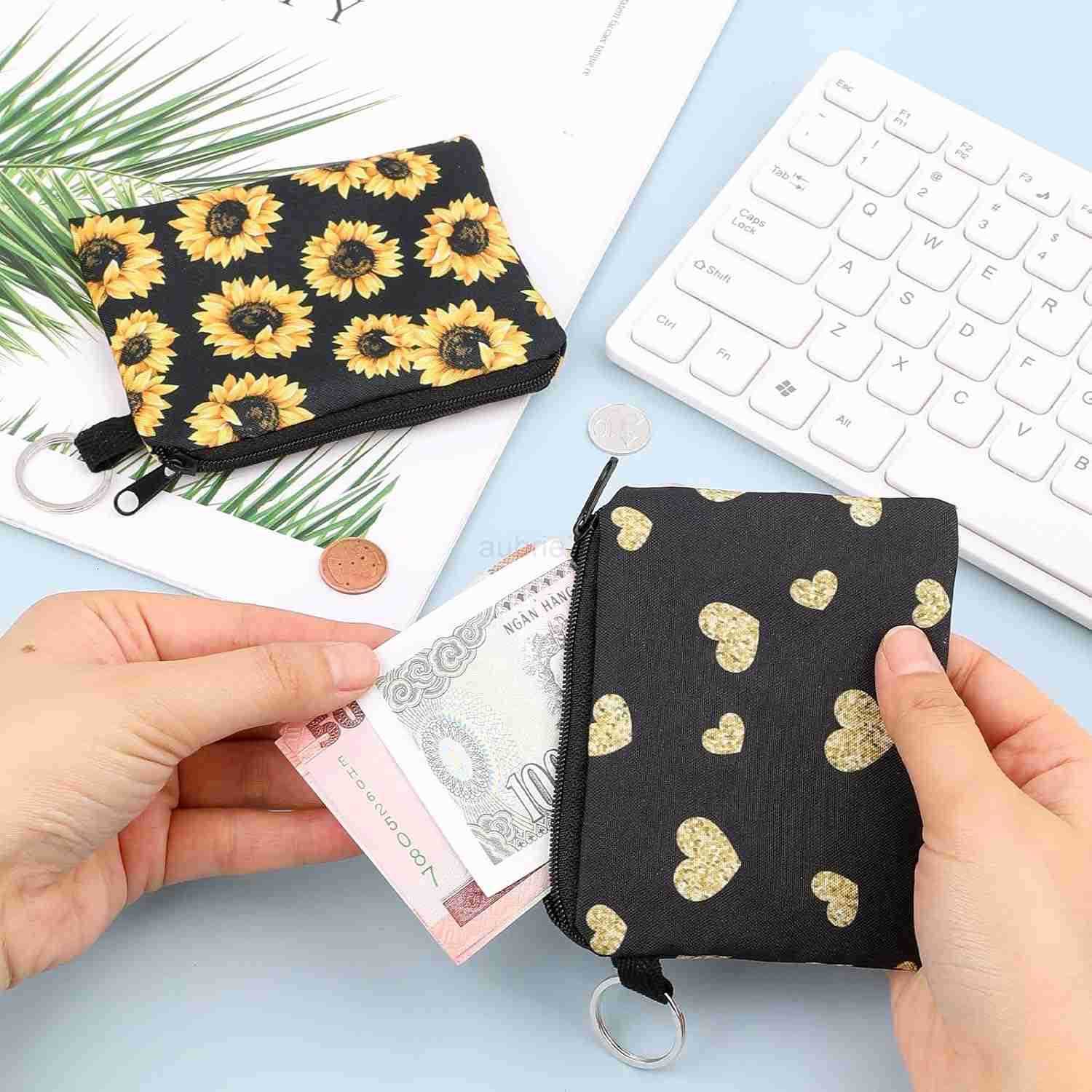 2 Pcs Sunflowers Coin Purse Fabric Coin Pouch with Key Ring Zipper Heart Coin Bag Small Black Canvas Purse Pouch Travel Portable Keychain WalletZ25091
