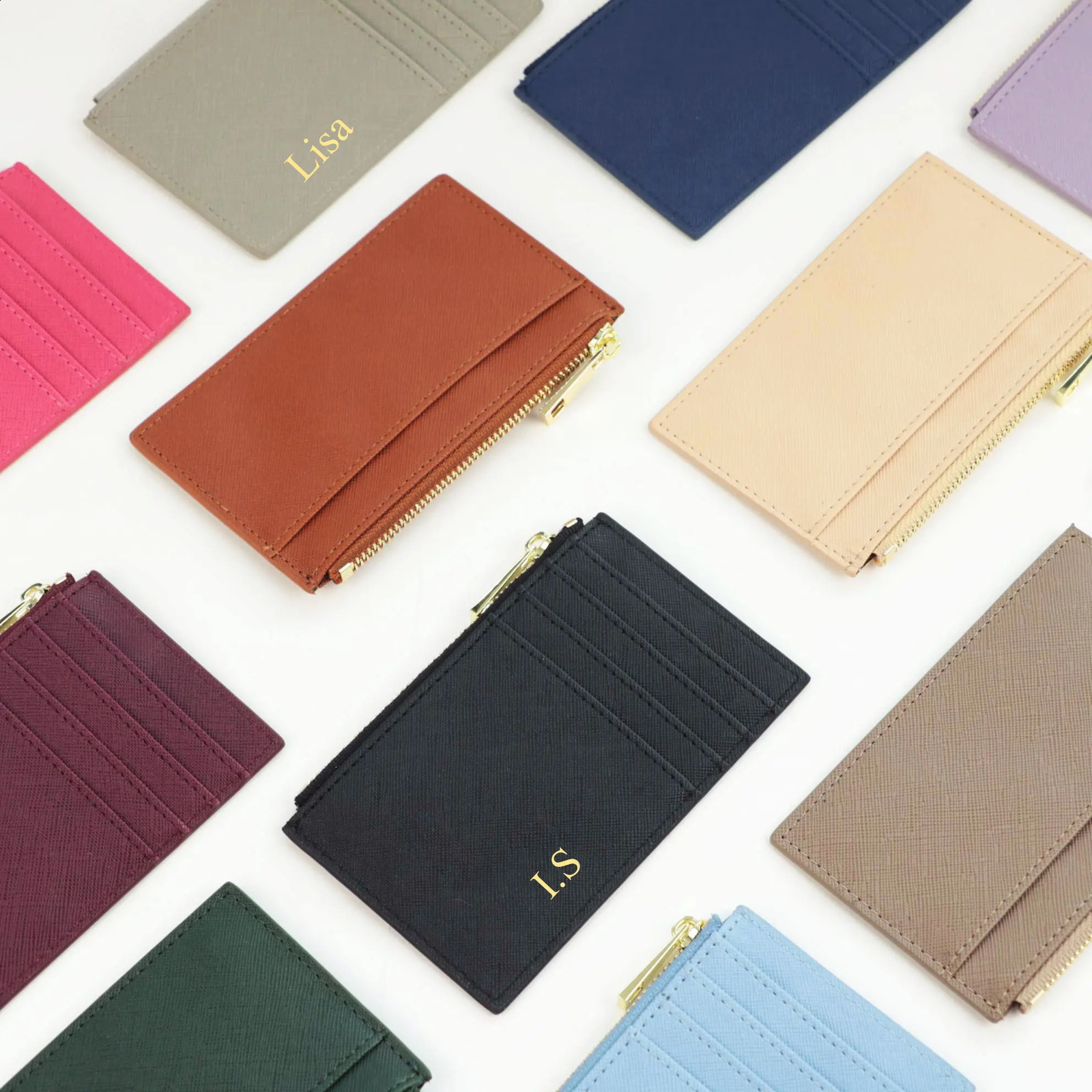 Custom Name Saffiano Leather Zip CardHolder Multiple Colors Ultra Thin Coin Purse Drop Small Women Credit Card Wallet250906