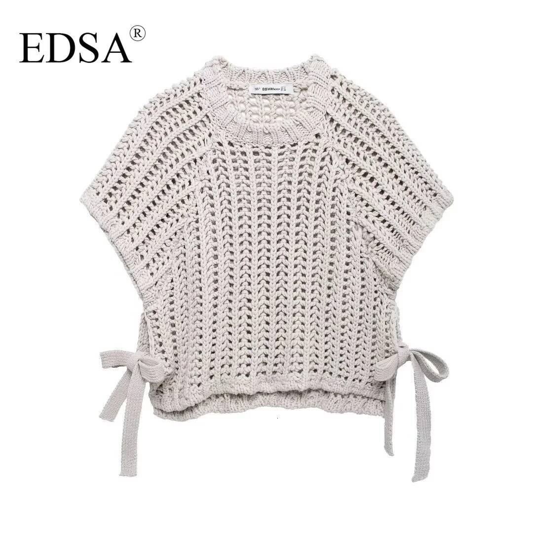 EDSA Women Chunky Knit Top with Side Straps O-Neck Short Sleeves Hollow Out Cropped Sweater Pullover for Casual Female dongdumaoyi