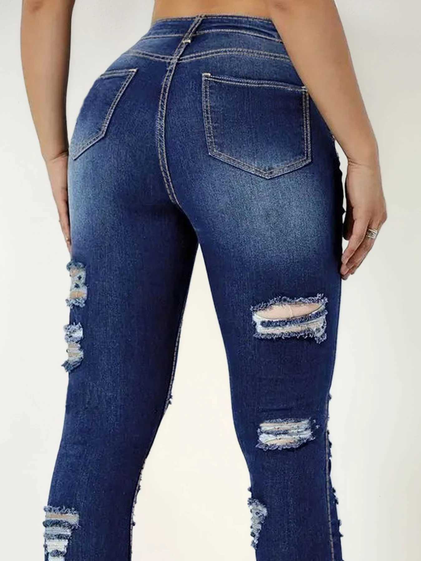 2025 New Womens High Waisted Elastic Perforated Slim Fit Jeans Fashionable Street Style Comfortable Casual Jeans Z250910