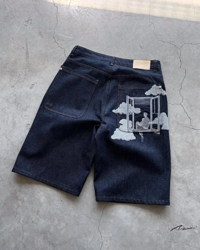 Men's Shorts Fashion Cherry Blossom Pocket Embroidery Jeans Men Women Retro Baggy Black Denim Short Jorts Hip Hop Streetwear Pants