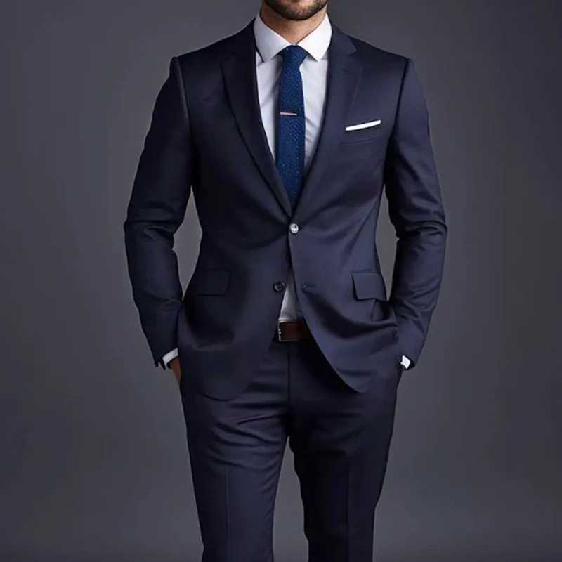 Navy Blue Solid Men Suits Fashion Notch Lapel Single Breasted 2 Piece JacketPants Business Casual Office Daily Suit Clothing W250910