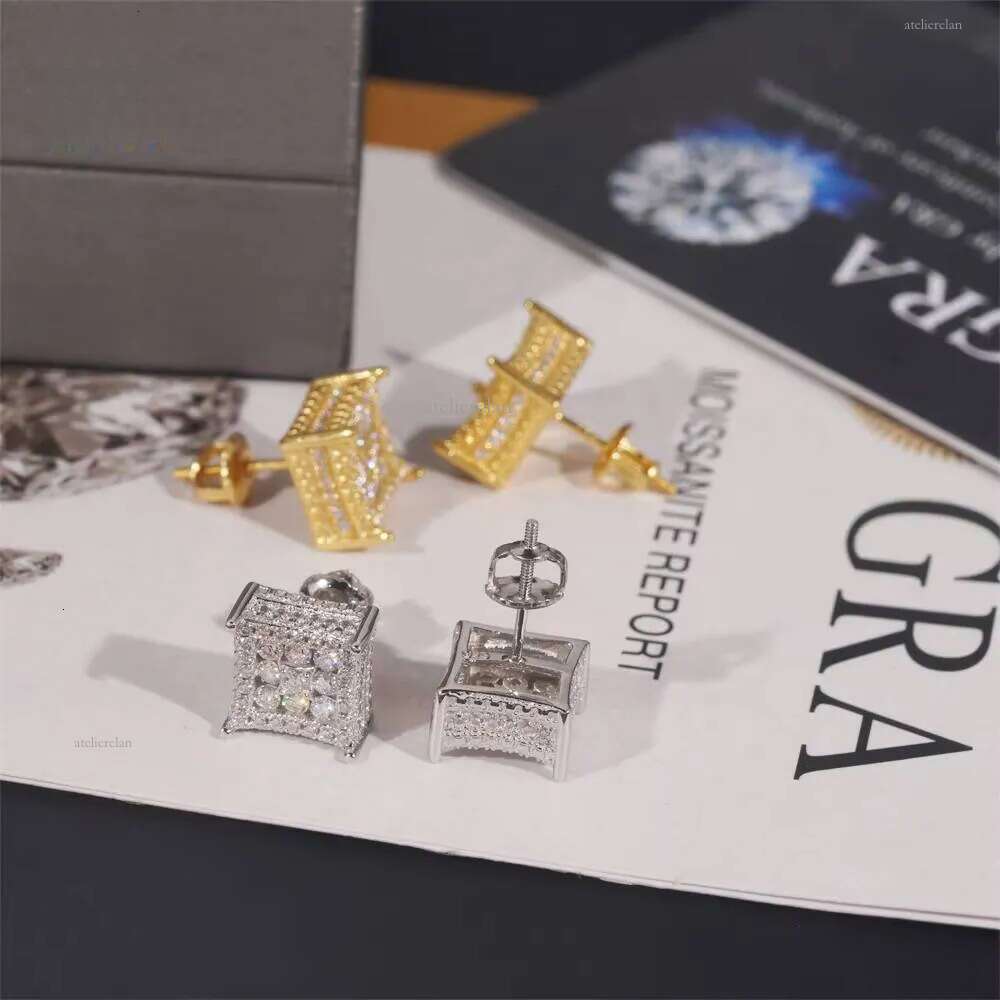 Wholesale Price High Quality Fashion Sterling Sier Moissanite Dia Gold Plated Square Iced Out Men Earrings