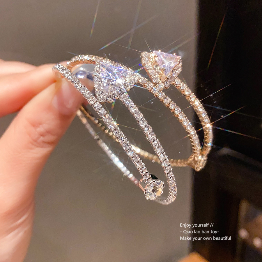 Silver-Tone Double-Layer Open Bangle With Large Trillion-Cut Crystal & Full Pave Crystal Detailing, Luxe Sparkly Style, Perfect For Elevating Glamorou