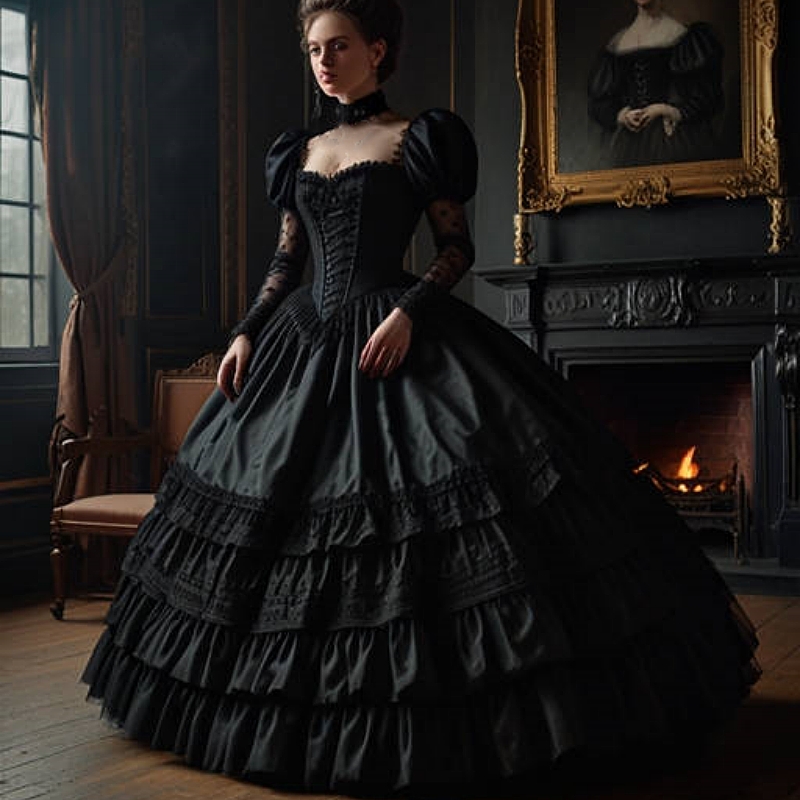 Vintage Black Gothic Prom Dresses Ruffles Ball Gown Victorian Special Occasion Dress Puff Long Sleeves Floor Length Masquerade Dress