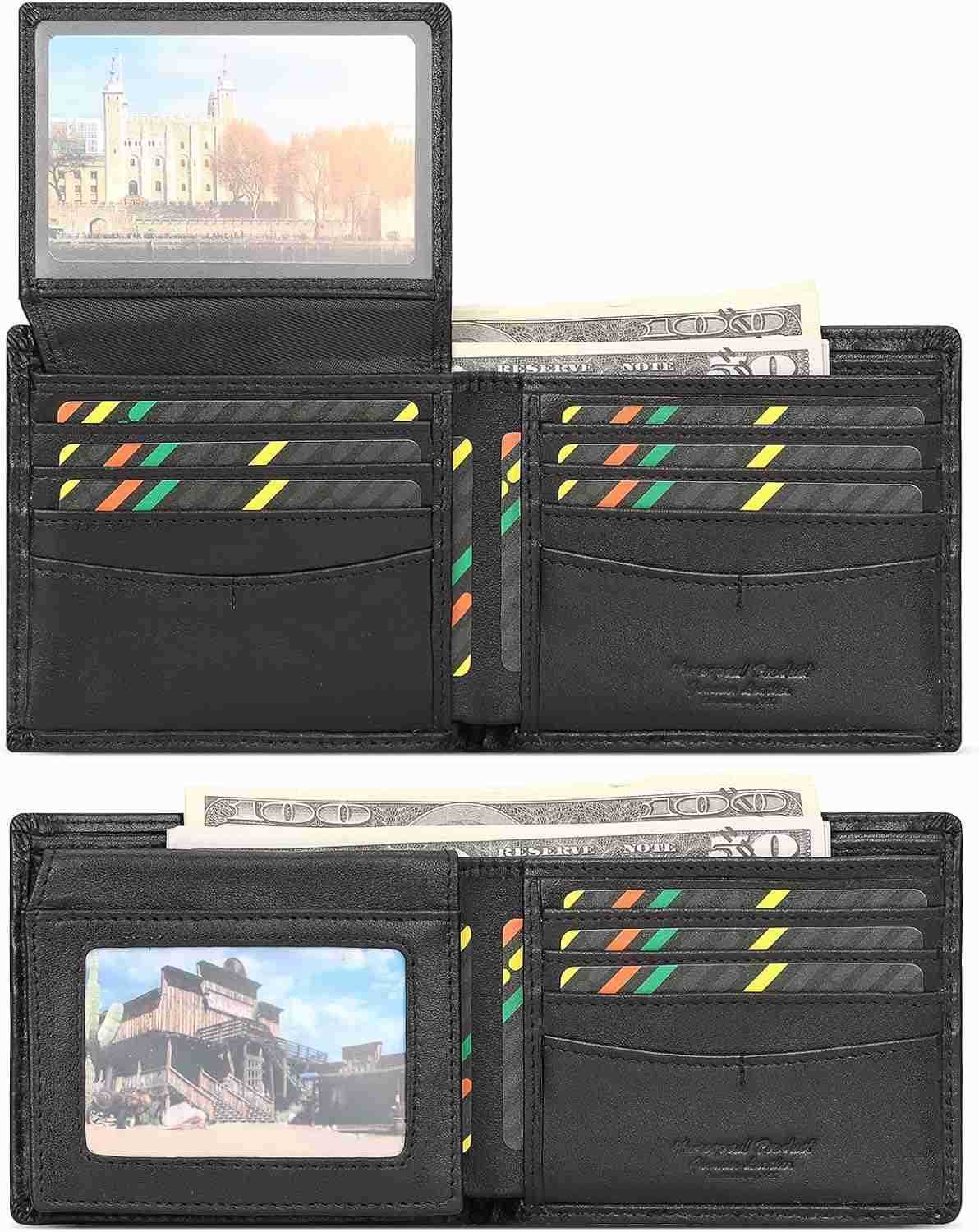 Mens Wallet with Chain RFID Blocking Genuine Leather Bifold Wallet Minimalist With 2 ID Window BlackZ250910