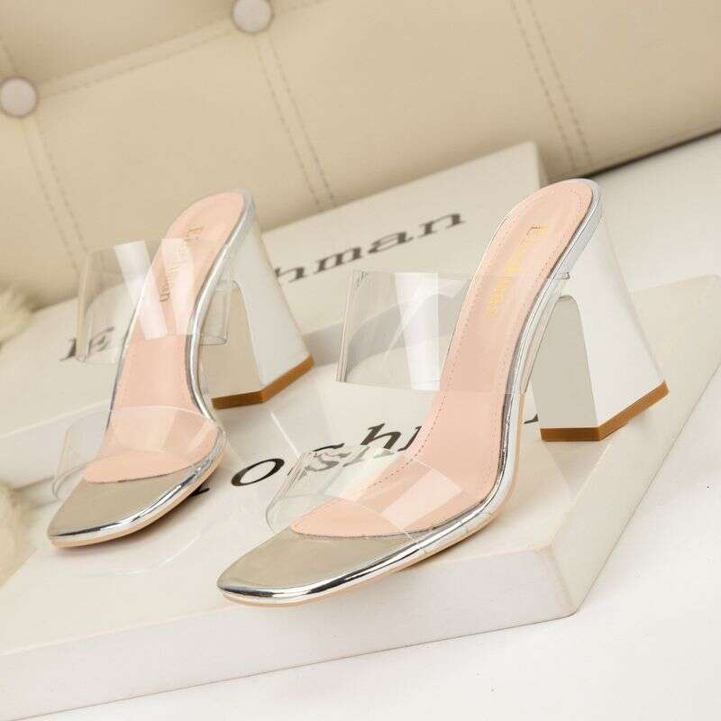Women's Pumps Style Simple Sexy Banquet Strappy Women's Sandals Square Transparent Thick Open Toe High Heel Slippers