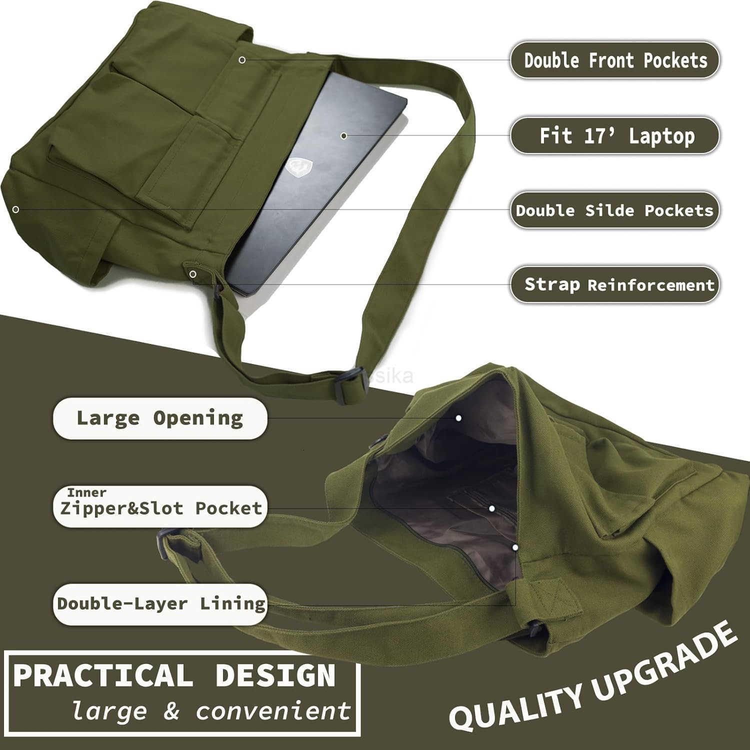 Canvas Messenger Bag Large Hobo Crossbody Bag with Multiple Pockets Casual Shoulder Tote Bag for Women and Men M250910