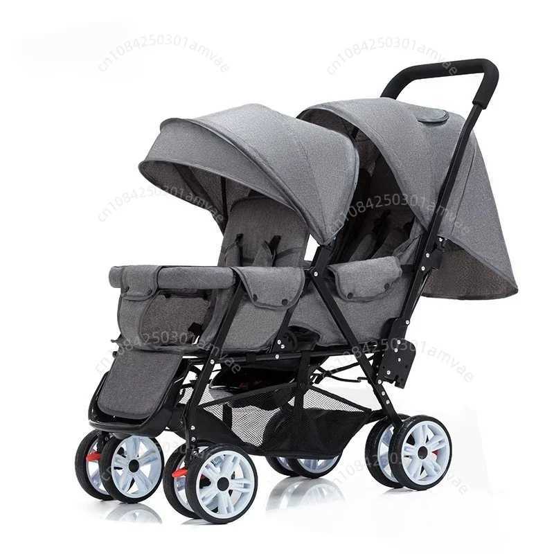 Lightweight Twins Baby Stroller Foldable Portable Twins Baby Stroller Adjustable Backrest Fourwheeled Baby Stroller W250910