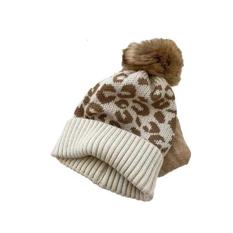 Women Knit Beanie Winter Warm Slouchy Hat with Leopard Print Faux Fur Pom Folded Brim Skull C for WomenXJ250910