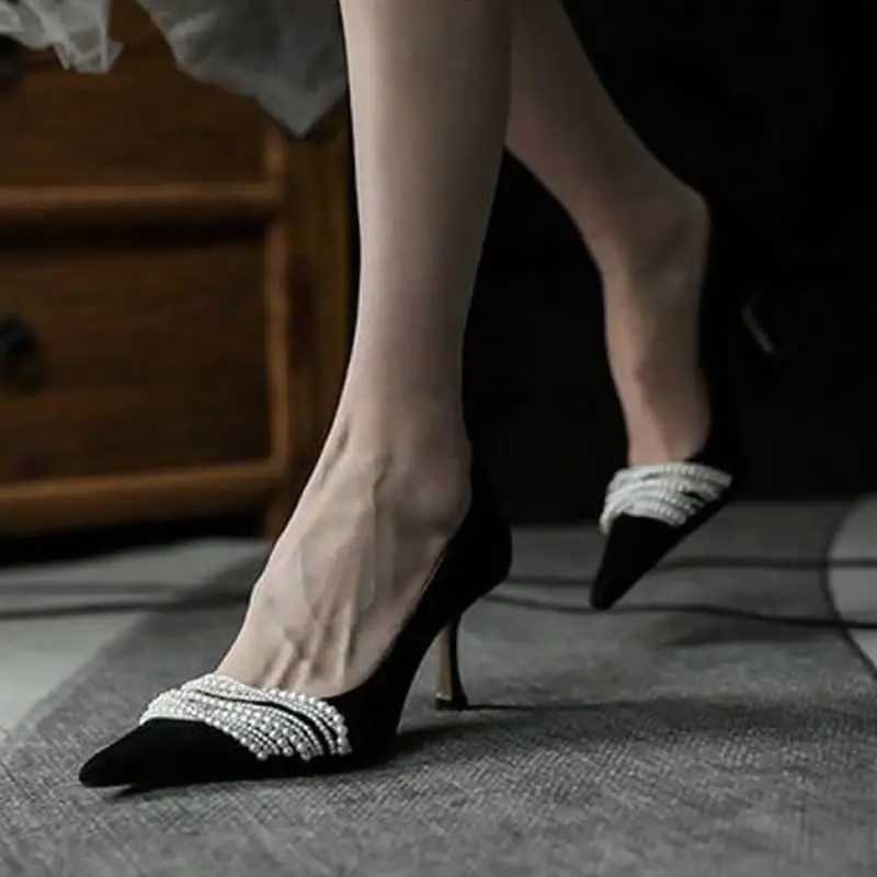 French Single Shoes Womens 2022 Autumn Niche Pearls Shallow Mouth Pointed High Heels Stilettos Fashion Allmatch Personality W250910