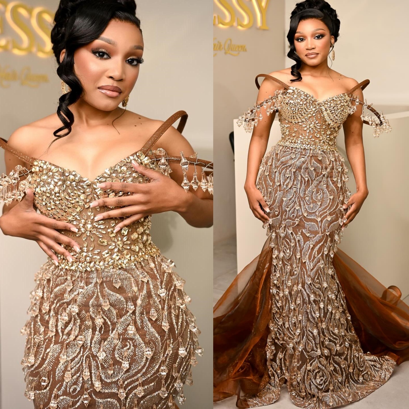 Brown Mermaid Prom Dresses 2025 Rhinestones Beaded Luxurious Evening Formal Party Second Birthday Engagement Gowns Plus Size Dress For Special Occasio