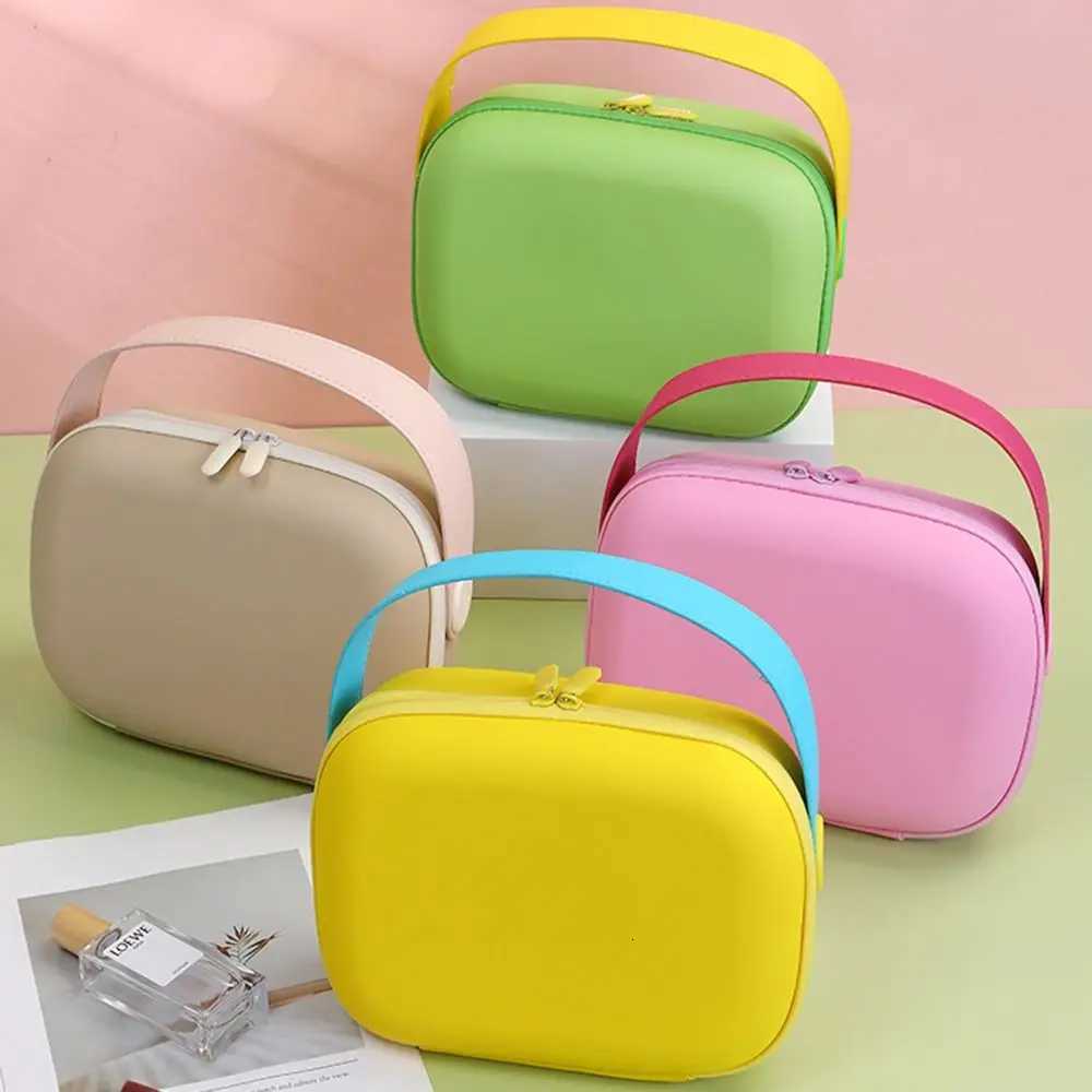 Simple Waterproof PU Cosmetic Bag Handle Square Portable Tote Bag LargeCapacity Zipper Wash Storage Bag WomenXJ250910