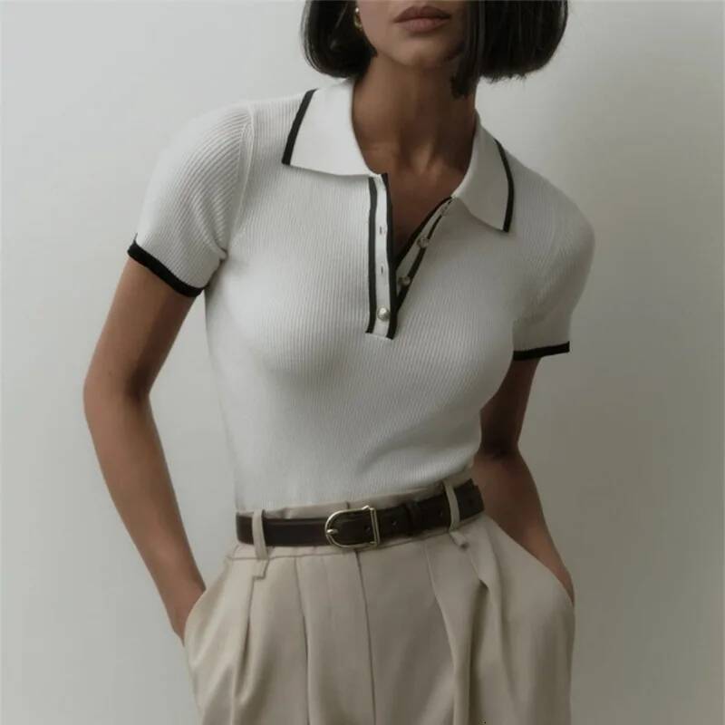 Talenza Women's Fashion Short Sleeve Patchwork Sweater Elegant Slim Contrast Lapel Knitted Pullover Top dongdumaoyi