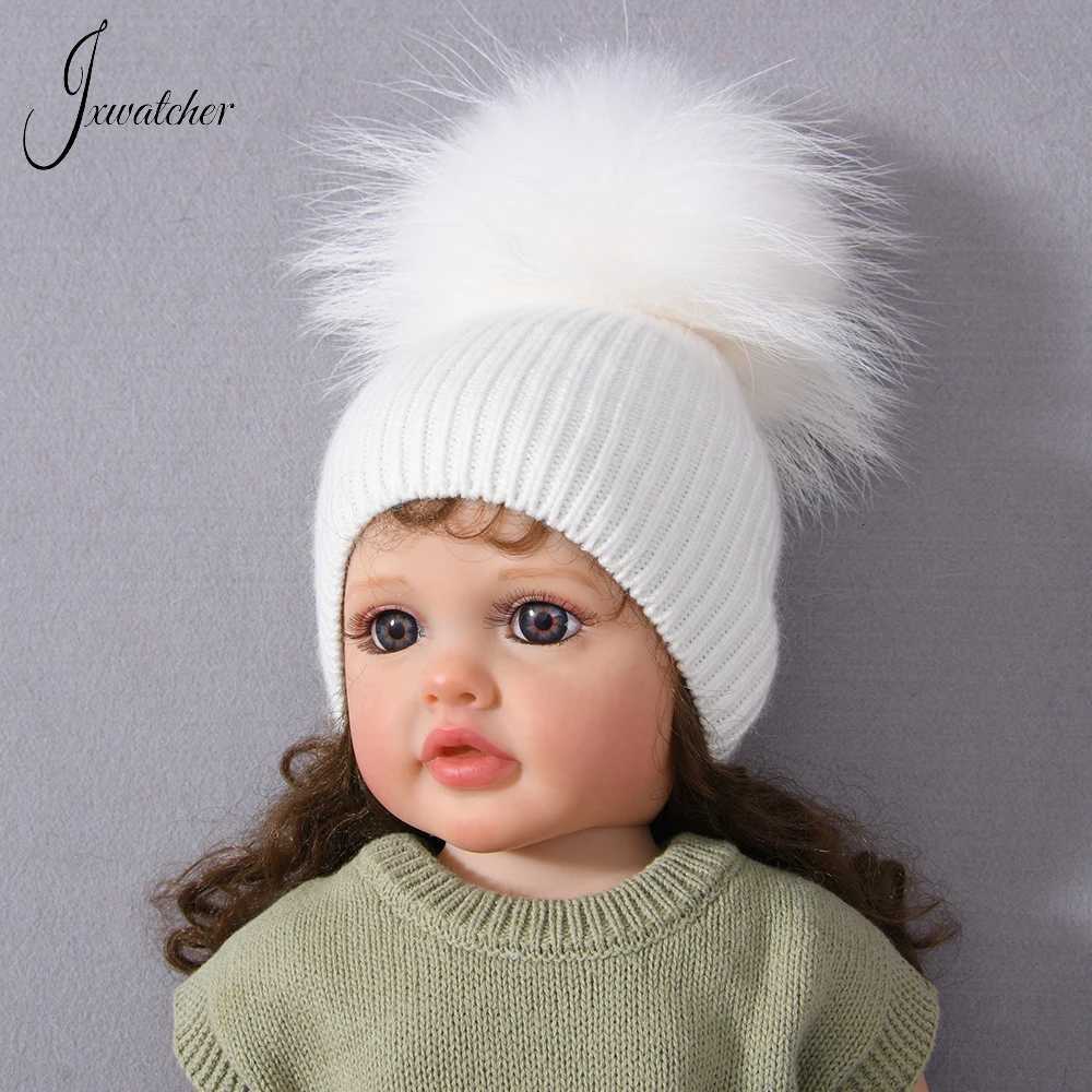 Jxer Newborn Winter Warm Hats With Real Raccoon Fur Pompom Boy Girl Baby Knitted Elastic Soft Bonnet Cs Infant ToddlerXJ250910