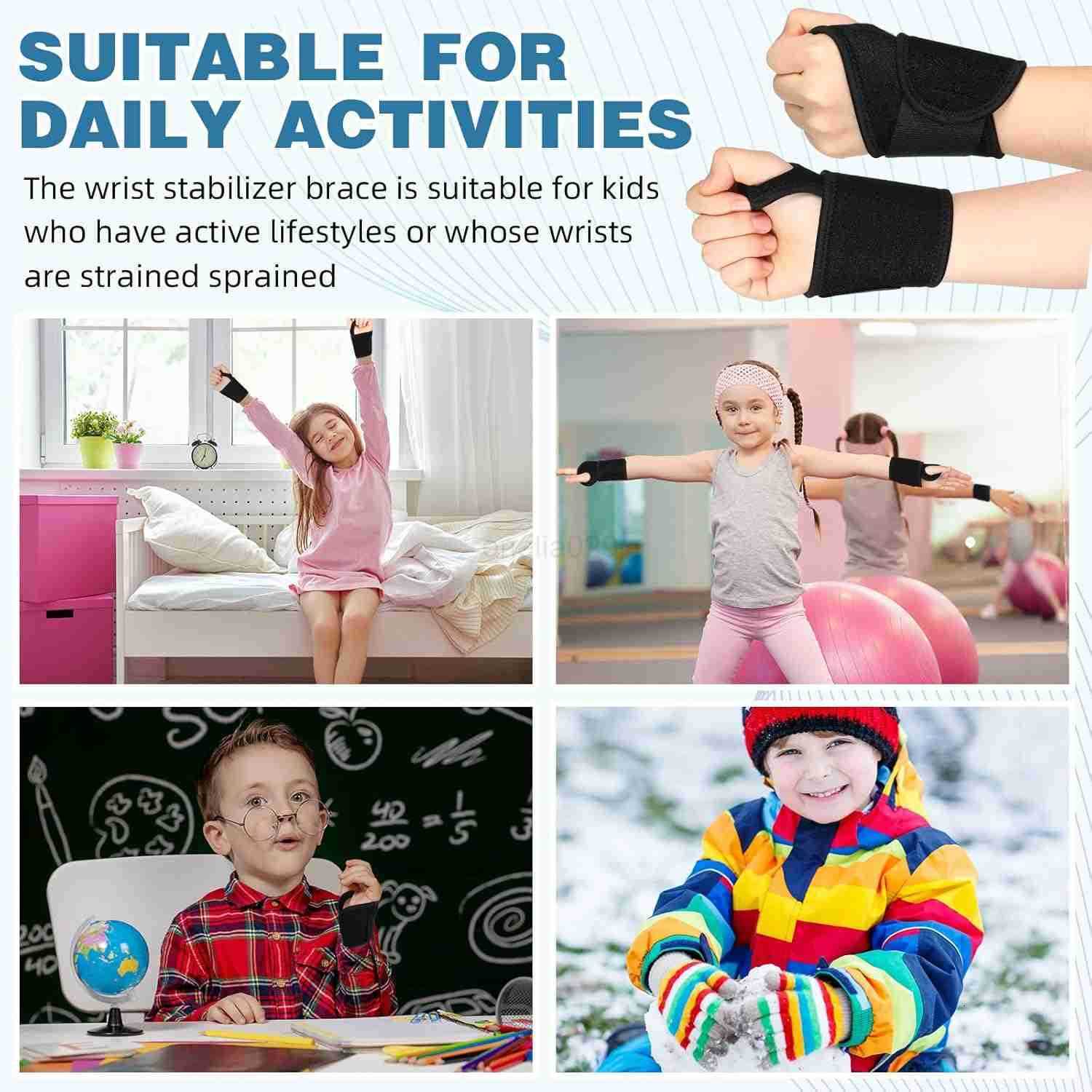 2 Pcs Wrist Brace for Kids Youth Carpal Tunnel Black Profession Wrist Brace Night Support with Adjustable Compression Straps for Children Sports Sleep