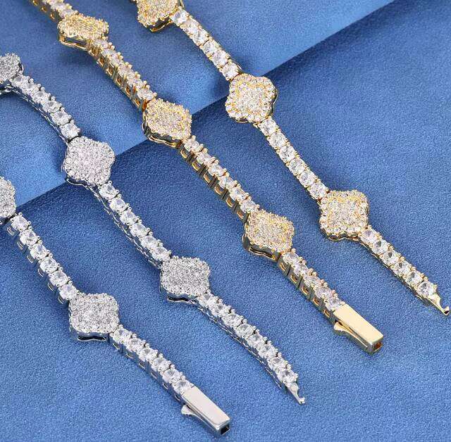 Fashion S Sier Tennis Link Bracelet Four Leaf Clover Charms Fourmm Mossanite 3MM 4MM Gold Plated for Parties Weddings Gifts