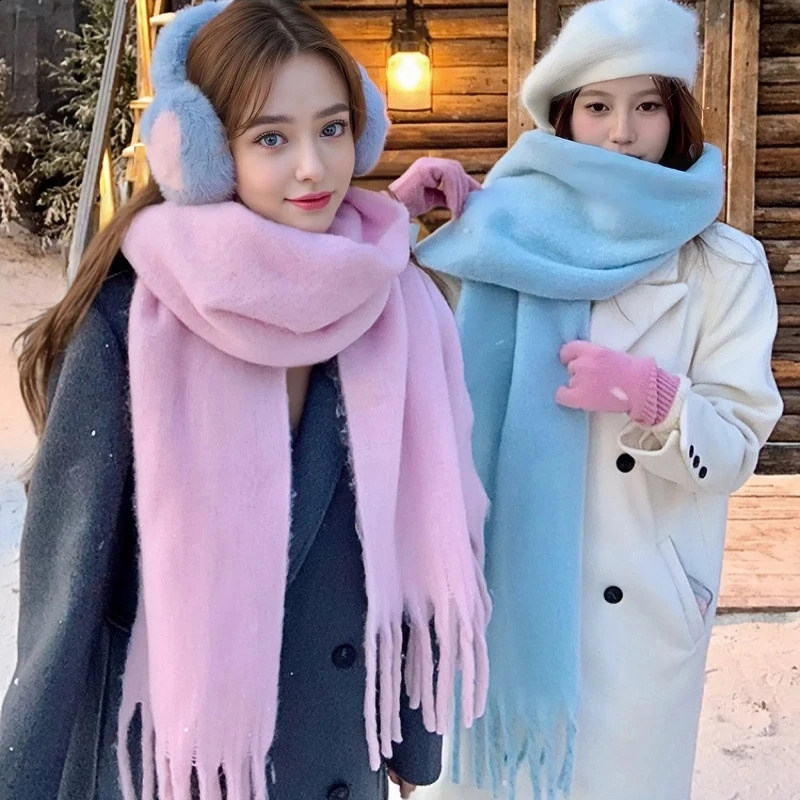 Winter Scarf for Women Cashmere Warm Solid Pink Pashmina Blanket Wraps Female Thick Soft Bufanda Big Tassel Shawl Long Echarpe 250916