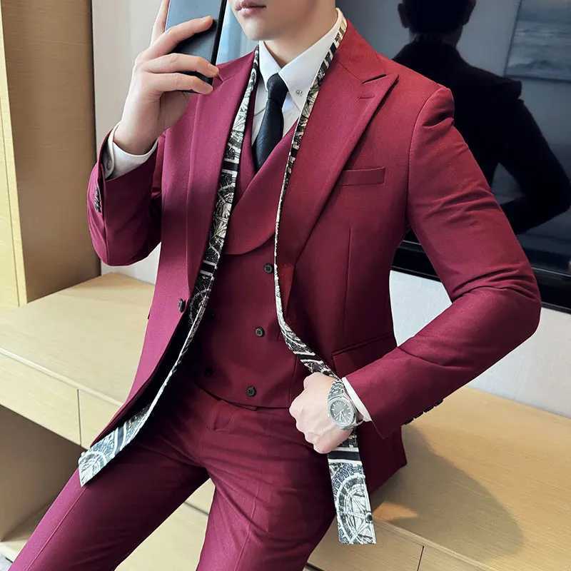 JacketPantsVest Fashion Men Solid Color Scarf Collar Suits Gentleman Court Wedding Banquet Party Tuxedo Slim Fit 3 Piece Set W250910
