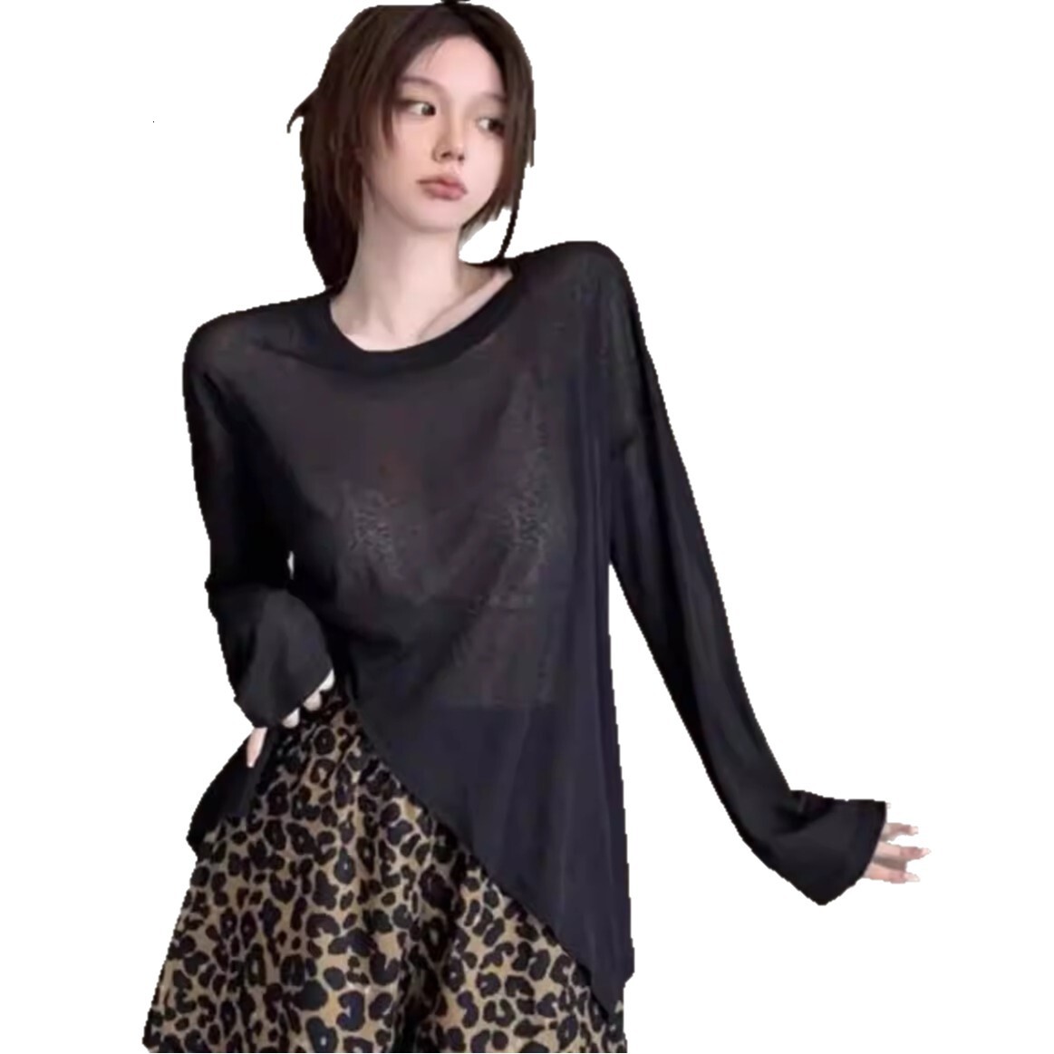 2025 New Ice Silk Cool Thin Split Long Sleeve Sunscreen Shirt for Women, Irregular Fashion Loose Cover, Autumn and Winter New Designer Knitted Clothin
