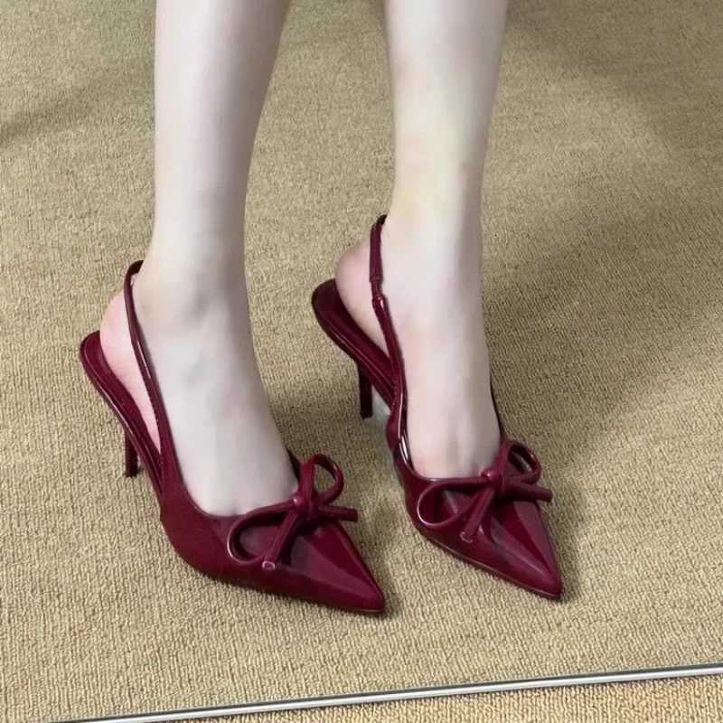 2025 New Womens Wine Red Sexy Bow Tie Highheeled Shoes French Pointed Patent Leather Shallow Mouth Highheeled Sandals W250910